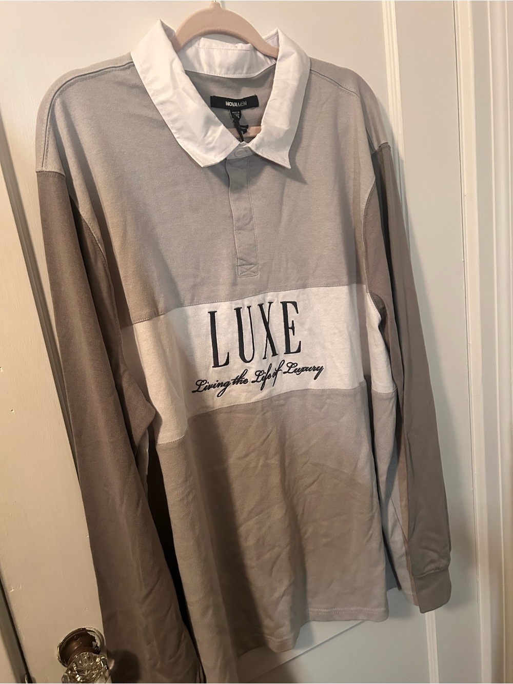 Fashion Nova Men's Long Sleeve Polo - gray & White